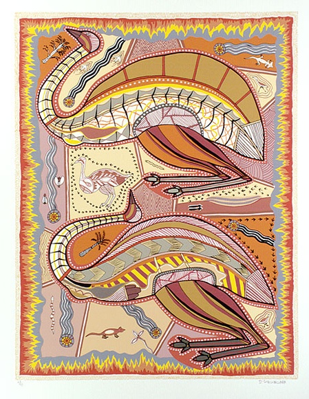 Artist: b'Gingingara, Doris.' | Title: b'Emu and turkey' | Technique: b'screenprint, printed in colour, from multiple stencils'