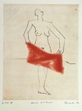 Artist: Fransella, Graham. | Title: Woman and towel | Date: 1992 | Technique: etching, softground and spit-bite, printed in black and orange ink, from two plates | Copyright: Courtesy of the artist