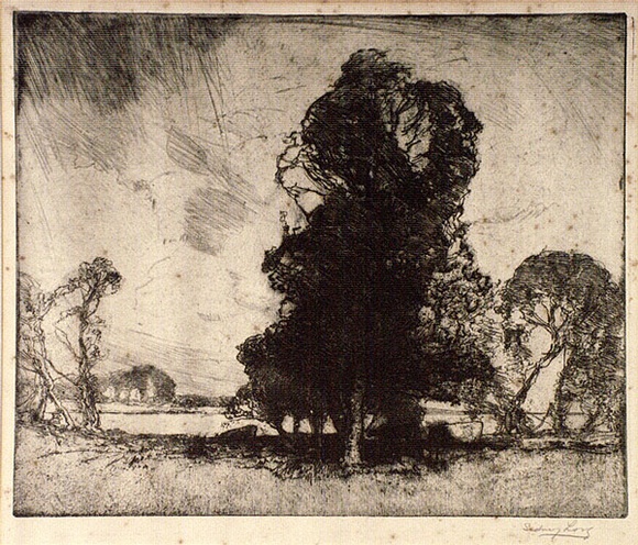 Artist: b'Long, Sydney.' | Title: b'Between the showers' | Date: (1916) | Technique: b'line-etching and drypoint, printed in warm black ink with plate-tone, from one zinc plate' | Copyright: b'Reproduced with the kind permission of the Ophthalmic Research Institute of Australia' Artist: b'Long, Sydney.' | Title: b'Between the showers' | Date: (1916) | Technique: b'line-etching and drypoint, printed in warm black ink with plate-tone, from one zinc plate' | Copyright: b'Reproduced with the kind permission of the Ophthalmic Research Institute of Australia'