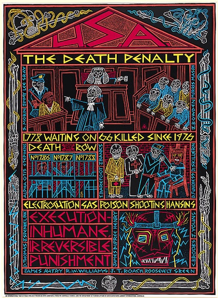 Artist: b'REDBACK GRAPHIX' | Title: b'Amnesty: USA The death penalty.' | Date: 1988 | Technique: b'screenprint, printed in colour, from five stencils' | Copyright: b'\xc2\xa9 Michael Callaghan' Artist: b'REDBACK GRAPHIX' | Title: b'Amnesty: USA The death penalty.' | Date: 1988 | Technique: b'screenprint, printed in colour, from five stencils' | Copyright: b'\xc2\xa9 Michael Callaghan'