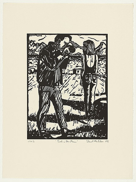 Artist: b'MacFarlane, Stewart.' | Title: b'Tourists in New Mexico' | Date: 1988 | Technique: b'linocut, printed in black ink, from one block' Artist: b'MacFarlane, Stewart.' | Title: b'Tourists in New Mexico' | Date: 1988 | Technique: b'linocut, printed in black ink, from one block'