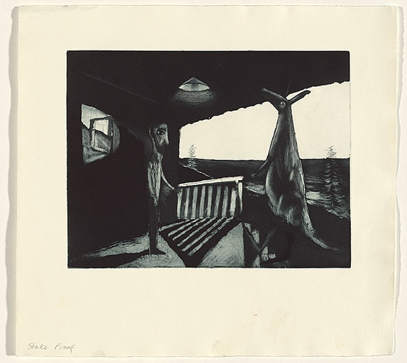 Artist: b'Shead, Garry.' | Title: b'Envoy' | Date: 1997 | Technique: b'etching and aquatint, printed in blue-black ink from one plate' | Copyright: b'\xc2\xa9 Garry Shead' Artist: b'Shead, Garry.' | Title: b'Envoy' | Date: 1997 | Technique: b'etching and aquatint, printed in blue-black ink from one plate' | Copyright: b'\xc2\xa9 Garry Shead'