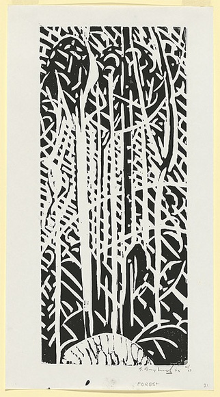Artist: b'Grey-Smith, Guy' | Title: b'Karri forest I' | Date: 1975 | Technique: b'woodcut, printed in black ink, from one block' Artist: b'Grey-Smith, Guy' | Title: b'Karri forest I' | Date: 1975 | Technique: b'woodcut, printed in black ink, from one block'