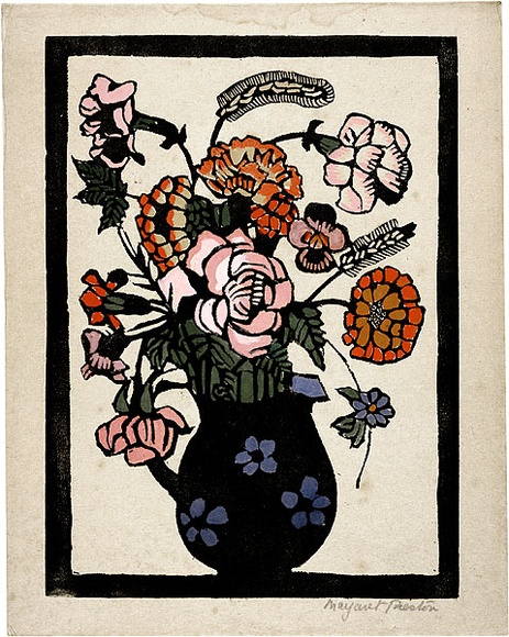 Artist: b'PRESTON, Margaret' | Title: b'Flowers in jug' | Date: 1929 | Technique: b'woodcut, printed in black ink, from one block; hand-coloured' | Copyright: b'\xc2\xa9 Margaret Preston. Licensed by VISCOPY, Australia' Artist: b'PRESTON, Margaret' | Title: b'Flowers in jug' | Date: 1929 | Technique: b'woodcut, printed in black ink, from one block; hand-coloured' | Copyright: b'\xc2\xa9 Margaret Preston. Licensed by VISCOPY, Australia'