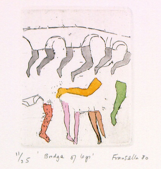 Artist: b'Fransella, Graham.' | Title: b'Bridge of legs.' | Date: 1980 | Technique: b'etching, printed in black ink, from one plate; hand-coloured' | Copyright: b'Courtesy of the artist' Artist: b'Fransella, Graham.' | Title: b'Bridge of legs.' | Date: 1980 | Technique: b'etching, printed in black ink, from one plate; hand-coloured' | Copyright: b'Courtesy of the artist'