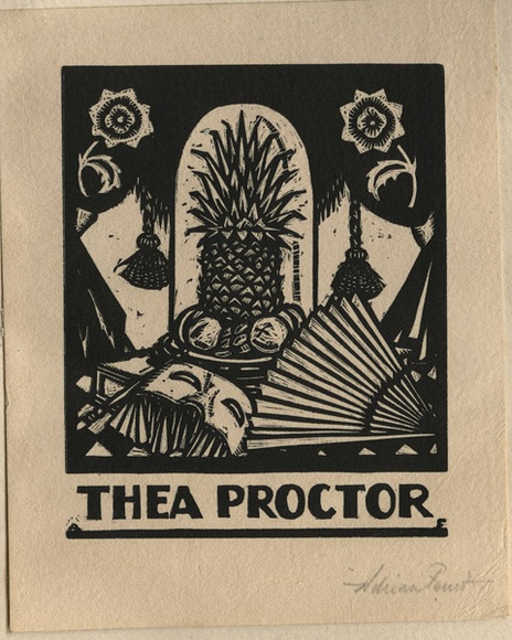 Artist: b'FEINT, Adrian' | Title: b'Bookplate: Thea Proctor.' | Date: (1927) | Technique: b'wood-engraving, printed in black ink, from one block' | Copyright: b'Courtesy the Estate of Adrian Feint' Artist: b'FEINT, Adrian' | Title: b'Bookplate: Thea Proctor.' | Date: (1927) | Technique: b'wood-engraving, printed in black ink, from one block' | Copyright: b'Courtesy the Estate of Adrian Feint'