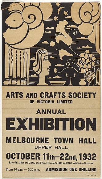 Artist: bO'Connell, Michael. | Title: b'Arts and Crafts Society of Victoria Limited Annual Exhibition, Melbourne Town Hall, October 1932' | Date: 1932 | Technique: b'linocut, printed in black ink, from one block; letterpress' Artist: bO'Connell, Michael. | Title: b'Arts and Crafts Society of Victoria Limited Annual Exhibition, Melbourne Town Hall, October 1932' | Date: 1932 | Technique: b'linocut, printed in black ink, from one block; letterpress'