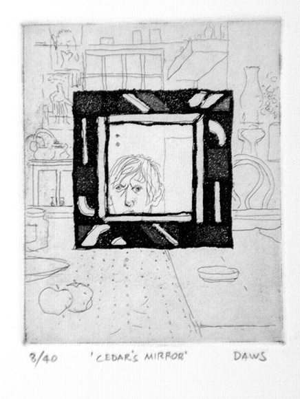 Artist: b'Daws, Lawrence.' | Title: bCedar's mirror. | Date: 1977 | Technique: b'aquatint and etching, printed in black ink, from one plate' | Copyright: b'\xc2\xa9 Lawrence Daws' Artist: b'Daws, Lawrence.' | Title: bCedar's mirror. | Date: 1977 | Technique: b'aquatint and etching, printed in black ink, from one plate' | Copyright: b'\xc2\xa9 Lawrence Daws'