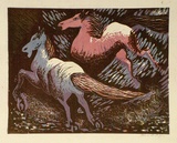 Artist: b'Higgs, Florence.' | Title: b'(Two horses)' | Date: 1955 | Technique: b'linocut, printed in colour, from four blocks'