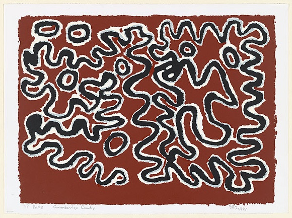 Artist: b'Thomas, Billy.' | Title: b'Gunamborlayi Country' | Date: 1997, July | Technique: b'screenprint, printed in colour, from multiple stencils' Artist: b'Thomas, Billy.' | Title: b'Gunamborlayi Country' | Date: 1997, July | Technique: b'screenprint, printed in colour, from multiple stencils'