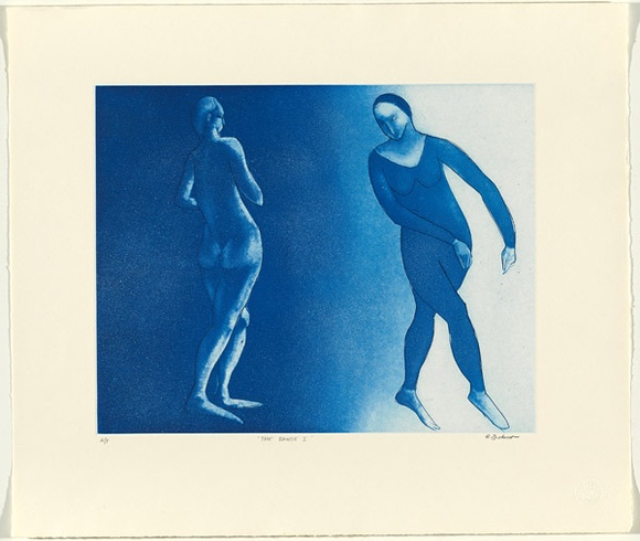 Artist: b'Dickerson, Robert.' | Title: b'The dance I.' | Date: 1995 | Technique: b'etching and aquatint, printed in azure ink, from one copper plate' Artist: b'Dickerson, Robert.' | Title: b'The dance I.' | Date: 1995 | Technique: b'etching and aquatint, printed in azure ink, from one copper plate'