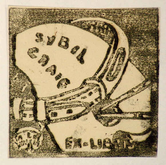 Artist: b'Craig, Sybil.' | Title: b'Bookplate: Sybil Craig (tail wagger).' | Technique: b'linocut, printed in black ink, from one block' Artist: b'Craig, Sybil.' | Title: b'Bookplate: Sybil Craig (tail wagger).' | Technique: b'linocut, printed in black ink, from one block'