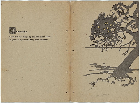 Artist: b'Rede, Geraldine.' | Title: b'Honeysuckle.' | Date: 1909 | Technique: b'woodcut, printed in colour in the Japanese manner, from two blocks; with letter-press' Artist: b'Rede, Geraldine.' | Title: b'Honeysuckle.' | Date: 1909 | Technique: b'woodcut, printed in colour in the Japanese manner, from two blocks; with letter-press'
