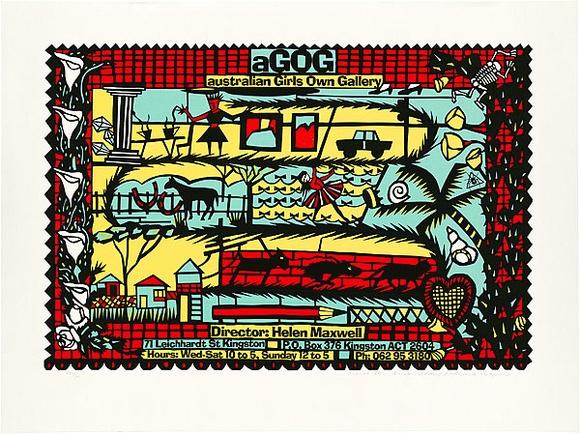 Artist: b'REDBACK GRAPHIX' | Title: b'aGOG: Australian Girls Own Gallery.' | Date: 1989 | Technique: b'screenprint, printed in colour, from four stencils' Artist: b'REDBACK GRAPHIX' | Title: b'aGOG: Australian Girls Own Gallery.' | Date: 1989 | Technique: b'screenprint, printed in colour, from four stencils'