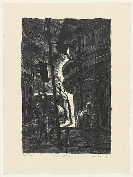 Artist: b'AMOR, Rick' | Title: b'Tramstop and truck' | Date: 1992 | Technique: b'lithograph, printed in black ink, from one stone' | Copyright: b'Image reproduced courtesy the artist and Niagara Galleries, Melbourne' Artist: b'AMOR, Rick' | Title: b'Tramstop and truck' | Date: 1992 | Technique: b'lithograph, printed in black ink, from one stone' | Copyright: b'Image reproduced courtesy the artist and Niagara Galleries, Melbourne'