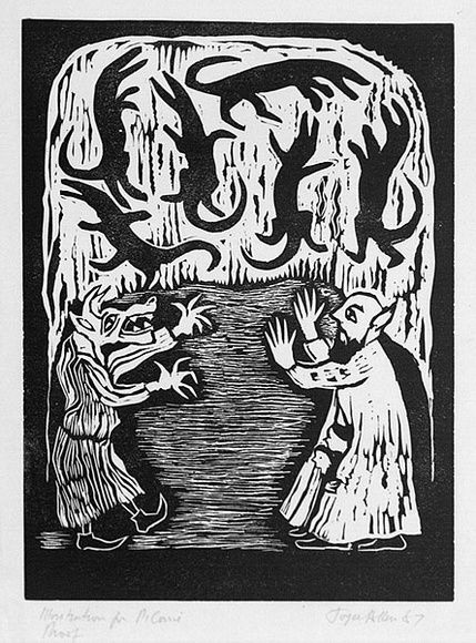 Artist: b'Allen, Joyce.' | Title: b'(Wizard Agonis protecting Pai Korri and Winnie from Wizard Lambertia) (1st version).' | Date: 1987 | Technique: b'linocut, printed in black ink, from one block' Artist: b'Allen, Joyce.' | Title: b'(Wizard Agonis protecting Pai Korri and Winnie from Wizard Lambertia) (1st version).' | Date: 1987 | Technique: b'linocut, printed in black ink, from one block'