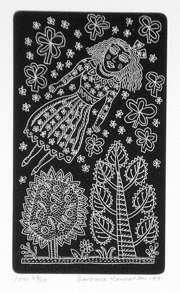 Artist: b'HANRAHAN, Barbara' | Title: b'Iris' | Date: 1991 | Technique: b'relief-etching, printed in black ink, from one plate' Artist: b'HANRAHAN, Barbara' | Title: b'Iris' | Date: 1991 | Technique: b'relief-etching, printed in black ink, from one plate'