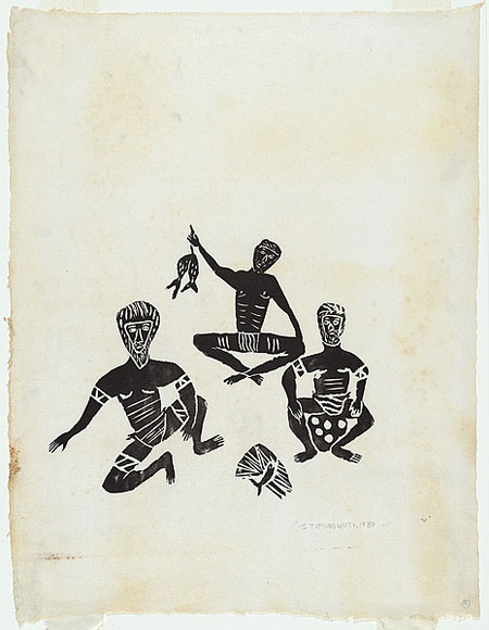 Artist: b'Tipungwuti, Giovanni (John).' | Title: b'Three men cooking fish' | Date: 1969 | Technique: b'woodcut, printed in black ink, from one block' Artist: b'Tipungwuti, Giovanni (John).' | Title: b'Three men cooking fish' | Date: 1969 | Technique: b'woodcut, printed in black ink, from one block'