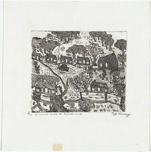 Artist: b'Kennedy, Roy.' | Title: b'Settling down to mission life' | Date: 2001 | Technique: b'etching, printed in black ink, from one plate' Artist: b'Kennedy, Roy.' | Title: b'Settling down to mission life' | Date: 2001 | Technique: b'etching, printed in black ink, from one plate'