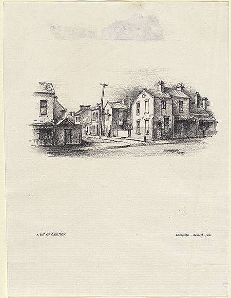 Artist: b'Jack, Kenneth.' | Title: b'A corner of Carlton' | Date: 1949 | Technique: b'lithograph, printed in black ink, from one zinc plate' | Copyright: b'\xc2\xa9 Kenneth Jack. Licensed by VISCOPY, Australia' Artist: b'Jack, Kenneth.' | Title: b'A corner of Carlton' | Date: 1949 | Technique: b'lithograph, printed in black ink, from one zinc plate' | Copyright: b'\xc2\xa9 Kenneth Jack. Licensed by VISCOPY, Australia'