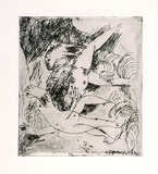 Artist: BOYD, Arthur | Title: Figure in a river with beast and dog. | Date: (1962-63) | Technique: etching and drypoint, printed in black ink, from one plate | Copyright: Reproduced with permission of Bundanon Trust