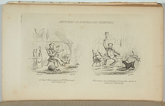Artist: b'Ham Brothers.' | Title: b'Sketches of Australian squatters.' | Date: 1851 | Technique: b'engraving, printed in black ink, from one copper plate' Artist: b'Ham Brothers.' | Title: b'Sketches of Australian squatters.' | Date: 1851 | Technique: b'engraving, printed in black ink, from one copper plate'