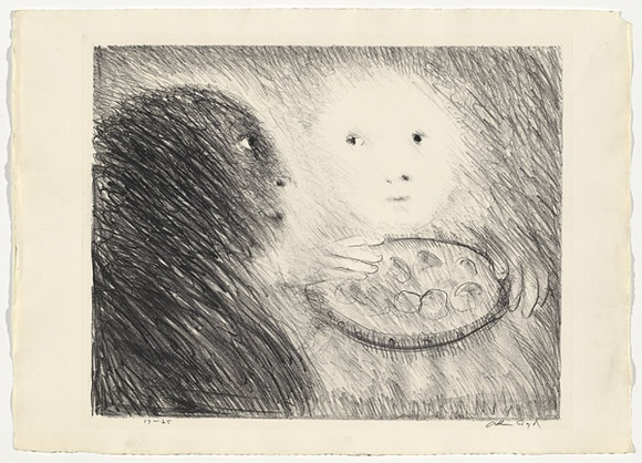 Artist: b'BOYD, Arthur' | Title: b'St Clare offering marzipan to St Francis.' | Date: (1965) | Technique: b'lithograph, printed in black ink, from one plate' | Copyright: b'Reproduced with permission of Bundanon Trust' Artist: b'BOYD, Arthur' | Title: b'St Clare offering marzipan to St Francis.' | Date: (1965) | Technique: b'lithograph, printed in black ink, from one plate' | Copyright: b'Reproduced with permission of Bundanon Trust'