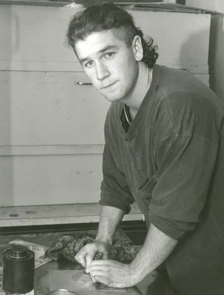 Artist: b'Heath, Gregory.' | Title: b'Portrait of Cameron Fraser, Australian printmaker, 1989' | Date: 1989