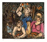 Artist: b'Zofrea, Salvatore.' | Title: b'Woman picks fruit with children.' | Date: 1989 | Technique: b'woodcut, printed in black, from one block; hand-coloured' | Copyright: b'\xc2\xa9 Salvatore Zofrea, 1989'