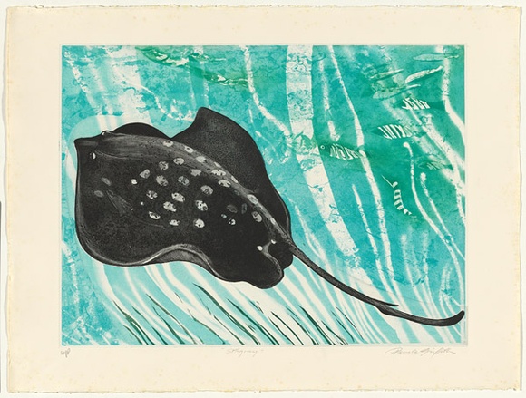 Artist: b'GRIFFITH, Pamela' | Title: b'Stingray' | Date: 1980 | Technique: b'etching, aquatint, air gun resist, marbelling printed in colour from two zinc plates' | Copyright: b'\xc2\xa9 Pamela Griffith' Artist: b'GRIFFITH, Pamela' | Title: b'Stingray' | Date: 1980 | Technique: b'etching, aquatint, air gun resist, marbelling printed in colour from two zinc plates' | Copyright: b'\xc2\xa9 Pamela Griffith'