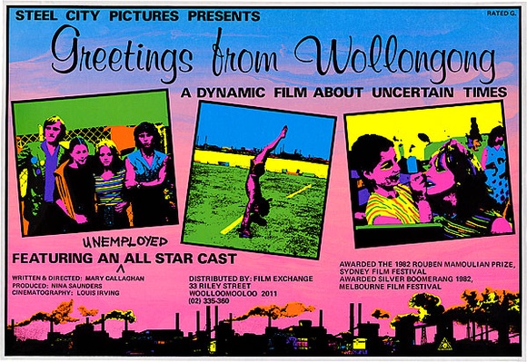Artist: b'REDBACK GRAPHIX' | Title: b'Greetings from Wollongong. A dynamic film about uncertain times.' | Date: 1982 | Technique: b'screenprint, printed in colour, from five stencils' | Copyright: b'\xc2\xa9 Michael Callaghan' Artist: b'REDBACK GRAPHIX' | Title: b'Greetings from Wollongong. A dynamic film about uncertain times.' | Date: 1982 | Technique: b'screenprint, printed in colour, from five stencils' | Copyright: b'\xc2\xa9 Michael Callaghan'