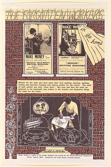 Artist: bWomen's Domestic Needlework Group. | Title: b'The forgotten workers' | Date: 1979 | Technique: b'screenprint, printed in colour, from multiple stencils' Artist: bWomen's Domestic Needlework Group. | Title: b'The forgotten workers' | Date: 1979 | Technique: b'screenprint, printed in colour, from multiple stencils'