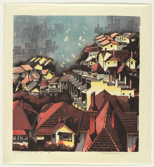Artist: b'Thorpe, Lesbia.' | Title: b'Harbour view number 3' | Date: 1980 | Technique: b'woodcut, printed in colour, from five blocks; additional hand-colouring' Artist: b'Thorpe, Lesbia.' | Title: b'Harbour view number 3' | Date: 1980 | Technique: b'woodcut, printed in colour, from five blocks; additional hand-colouring'
