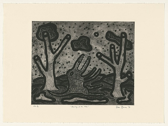 Artist: b'Bowen, Dean.' | Title: b'Howling at the moon' | Date: 1991 | Technique: b'aquatint, scraping and burnishing, printed in black ink with plate-tone, from one plate' Artist: b'Bowen, Dean.' | Title: b'Howling at the moon' | Date: 1991 | Technique: b'aquatint, scraping and burnishing, printed in black ink with plate-tone, from one plate'