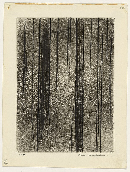 Artist: b'WILLIAMS, Fred' | Title: b'Red trees' | Date: 1958 | Technique: b'etching, aquatint, engraving and drypoint, printed in black ink, from one copper plate; counterproof' | Copyright: b'\xc2\xa9 Fred Williams Estate' Artist: b'WILLIAMS, Fred' | Title: b'Red trees' | Date: 1958 | Technique: b'etching, aquatint, engraving and drypoint, printed in black ink, from one copper plate; counterproof' | Copyright: b'\xc2\xa9 Fred Williams Estate'