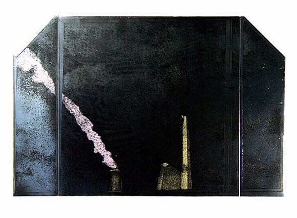 Artist: b'BALDESSIN, George' | Title: b'Window and factory smoke II.' | Date: 1970 | Technique: b'etching and aquatint, printed in black ink, from three plates; stencil, printed in colour, from multiple stencils' Artist: b'BALDESSIN, George' | Title: b'Window and factory smoke II.' | Date: 1970 | Technique: b'etching and aquatint, printed in black ink, from three plates; stencil, printed in colour, from multiple stencils'
