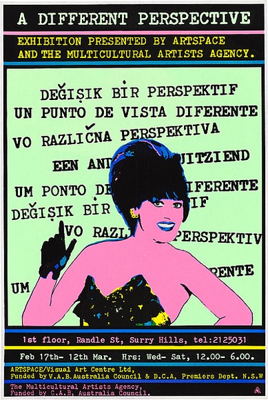 Artist: b'REDBACK GRAPHIX' | Title: b'A different perspective.' | Date: 1983, before 17 February | Technique: b'screenprint, printed in colour, from five stencils' Artist: b'REDBACK GRAPHIX' | Title: b'A different perspective.' | Date: 1983, before 17 February | Technique: b'screenprint, printed in colour, from five stencils'