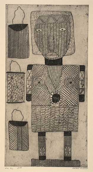 Artist: b'MUNGATOPI, Maryanne' | Title: b'Bima' | Date: 2001, February - March | Technique: b'etching and aquatint, printed in black ink, from one plate' Artist: b'MUNGATOPI, Maryanne' | Title: b'Bima' | Date: 2001, February - March | Technique: b'etching and aquatint, printed in black ink, from one plate'