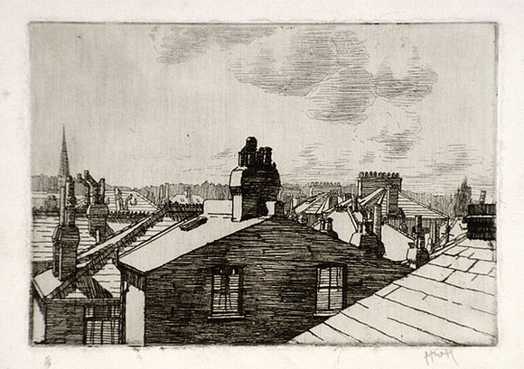 Artist: b'Hawkins, Weaver.' | Title: b'(Roof tops, London)' | Date: c.1922 | Technique: b'etching, printed in black ink, from one plate' | Copyright: b'The Estate of H.F Weaver Hawkins' Artist: b'Hawkins, Weaver.' | Title: b'(Roof tops, London)' | Date: c.1922 | Technique: b'etching, printed in black ink, from one plate' | Copyright: b'The Estate of H.F Weaver Hawkins'