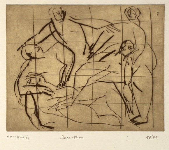 Artist: b'Furlonger, Joe.' | Title: b'Deposition (no.1)' | Date: 1989 | Technique: b'drypoint, printed in black ink, from one plate' Artist: b'Furlonger, Joe.' | Title: b'Deposition (no.1)' | Date: 1989 | Technique: b'drypoint, printed in black ink, from one plate'