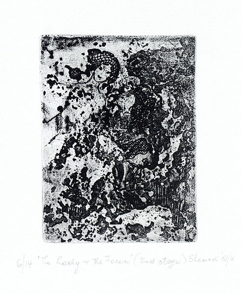 Artist: b'Shearer, Mitzi.' | Title: b'The lady and the faun' | Date: 1981 | Technique: b'etching, aquatint and foul-bite, printed in black ink, from one plate' Artist: b'Shearer, Mitzi.' | Title: b'The lady and the faun' | Date: 1981 | Technique: b'etching, aquatint and foul-bite, printed in black ink, from one plate'