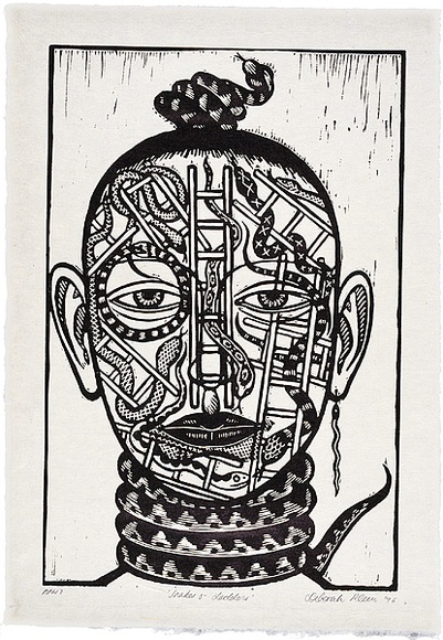Artist: b'Klein, Deborah.' | Title: b'Snakes and ladders.' | Date: 1996, September | Technique: b'linocut, printed in black ink, from one block' Artist: b'Klein, Deborah.' | Title: b'Snakes and ladders.' | Date: 1996, September | Technique: b'linocut, printed in black ink, from one block'