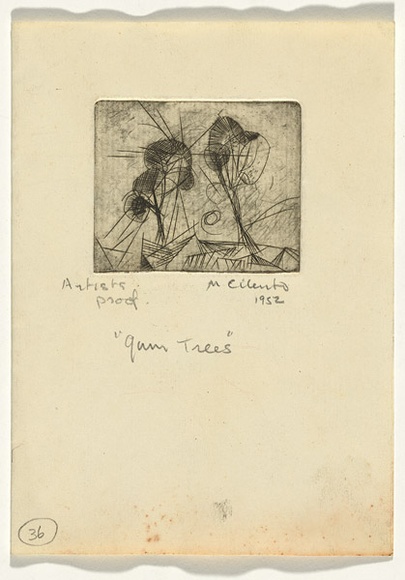 Artist: b'Cilento, Margaret.' | Title: b'Gum trees.' | Date: 1952 | Technique: b'drypoint, printed in black ink with plate-tone, from one plate' Artist: b'Cilento, Margaret.' | Title: b'Gum trees.' | Date: 1952 | Technique: b'drypoint, printed in black ink with plate-tone, from one plate'