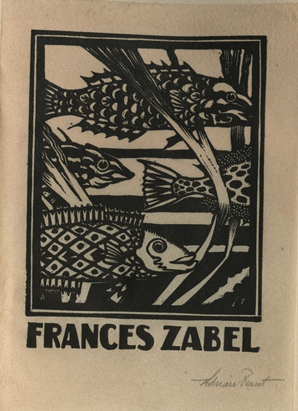 Artist: b'FEINT, Adrian' | Title: b'Bookplate: Frances Zabel.' | Date: (1927) | Technique: b'wood-engraving, printed in black ink, from one block' | Copyright: b'Courtesy the Estate of Adrian Feint' Artist: b'FEINT, Adrian' | Title: b'Bookplate: Frances Zabel.' | Date: (1927) | Technique: b'wood-engraving, printed in black ink, from one block' | Copyright: b'Courtesy the Estate of Adrian Feint'