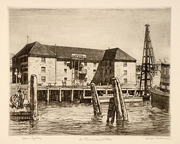 Artist: b'LINDSAY, Lionel' | Title: b'Old commissariat stores, Circular Quay.' | Date: 1912 | Technique: b'etching, printed in warm black ink with plate-tone, from one plate' | Copyright: b'Courtesy of the National Library of Australia' Artist: b'LINDSAY, Lionel' | Title: b'Old commissariat stores, Circular Quay.' | Date: 1912 | Technique: b'etching, printed in warm black ink with plate-tone, from one plate' | Copyright: b'Courtesy of the National Library of Australia'