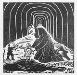 Artist: b'Allen, Joyce.' | Title: b'(Pai Korri pulls Winnie from the pond) (Illustration 5).' | Date: 1987 | Technique: b'linocut, printed in black ink, from one block; additions in black fibre-tipped pen'