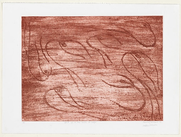 Artist: b'Clarmont, Sammy.' | Title: bDon't go in the bush at night | Date: 1999 | Technique: b'etching and collagraph, printed in red ochre ink, from one plate' Artist: b'Clarmont, Sammy.' | Title: bDon't go in the bush at night | Date: 1999 | Technique: b'etching and collagraph, printed in red ochre ink, from one plate'