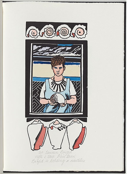 Artist: b'White, Robin.' | Title: b'Not titled (Brigid is holding a nautilus).' | Date: 1985 | Technique: b'woodcut, printed in black ink, from one block; hancoloured' Artist: b'White, Robin.' | Title: b'Not titled (Brigid is holding a nautilus).' | Date: 1985 | Technique: b'woodcut, printed in black ink, from one block; hancoloured'