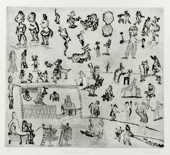 Artist: b'Shearer, Mitzi.' | Title: b'Bulliwutzies 5' | Date: 1982 | Technique: b'etching, foul bite, printed in black ink with plate-tone, from one plate' Artist: b'Shearer, Mitzi.' | Title: b'Bulliwutzies 5' | Date: 1982 | Technique: b'etching, foul bite, printed in black ink with plate-tone, from one plate'