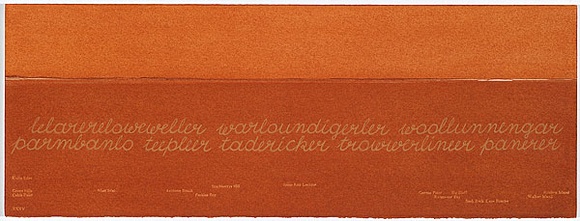 Artist: b'MADDOCK, Bea' | Title: b'Terra Spiritus...with a darker shade of pale' | Date: 1993-98 | Technique: b'stencil print, printed in hand-ground Launceston ochre from multiple hand-cut mylar stencils; letterpress text blind printed; hand-drawn script' Artist: b'MADDOCK, Bea' | Title: b'Terra Spiritus...with a darker shade of pale' | Date: 1993-98 | Technique: b'stencil print, printed in hand-ground Launceston ochre from multiple hand-cut mylar stencils; letterpress text blind printed; hand-drawn script'